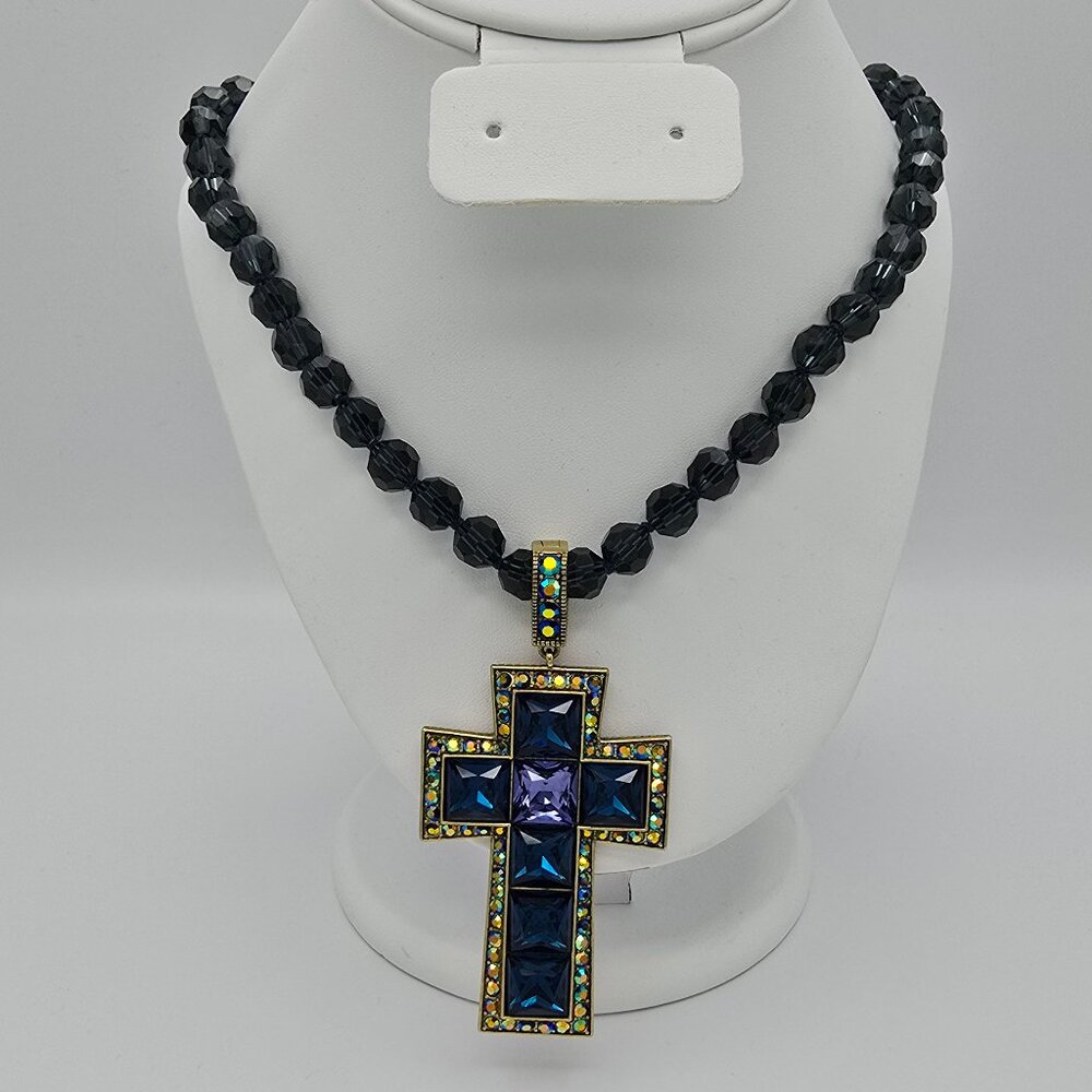 Heidi Daus Vintage Gold Crystal & Beaded Cross Statement Necklace - EUC